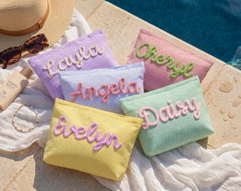 Custom Seersucker Makeup Bag, Summer Stripe Cosmetic Pouch, Toiletry Bag, Teacher Appreciation Gifts