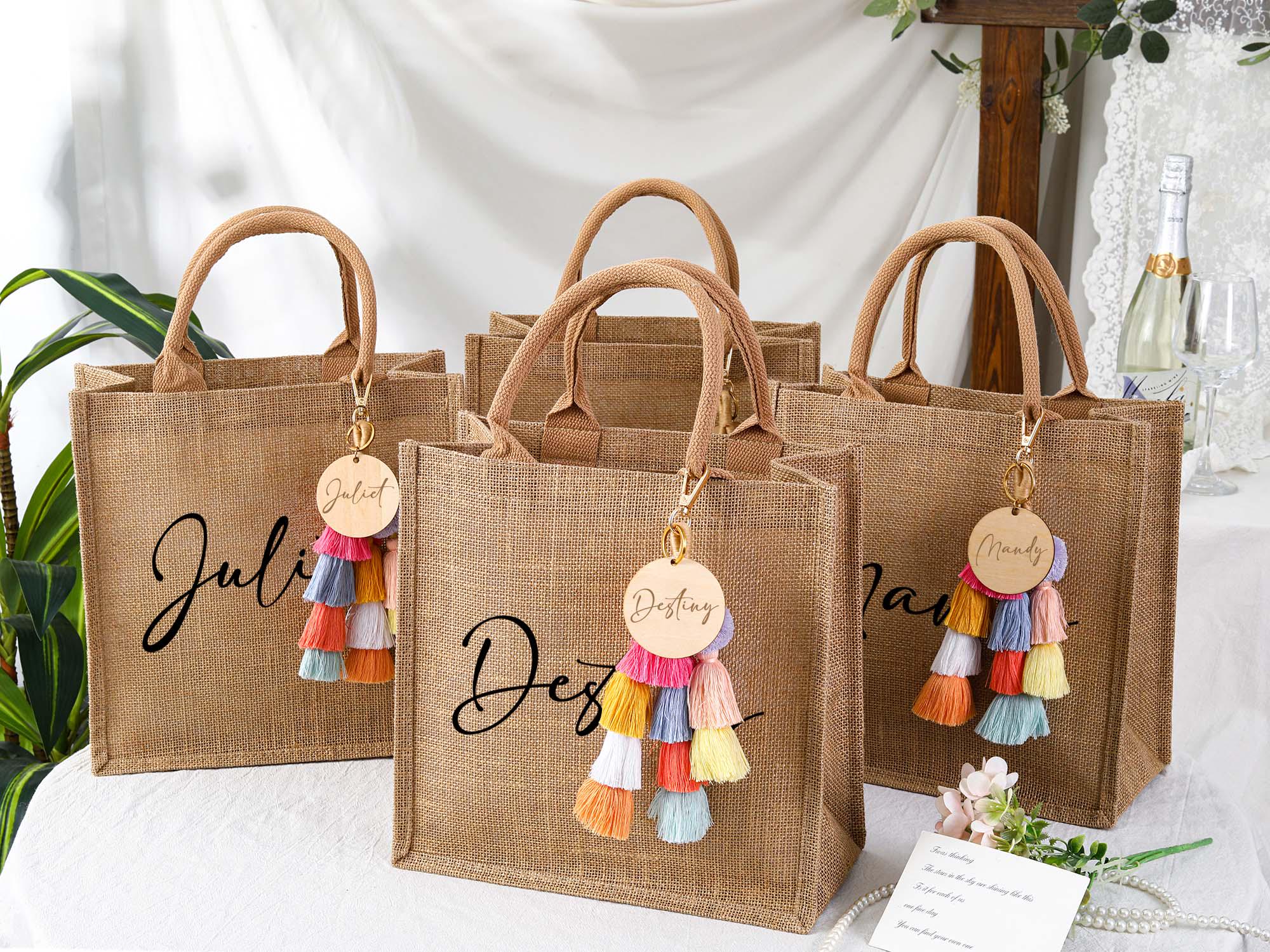 Personalized Bridesmaid Gift Bag With Charm, Custom Burlap Gift Bag ...