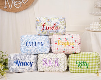 Embroidered Name Makeup Bag,Custom Floral Cosmetic Bag,Monogrammed Toiletry Bag,Bridesmaid Gift