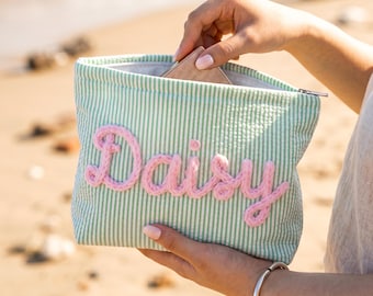Custom Name Seersucker Makeup Bag,Vacation Travel Pouch,Toiletry Bag,Bridesmaid Gifts