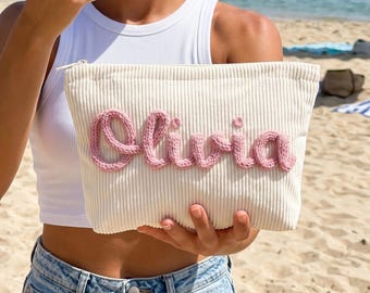 Personalized Corduroy Makeup Bag, Custom Name Cosmetic Pouch, Bridesmaid Gifts, Travel Toiletry Bag