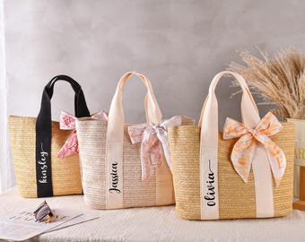 Custom Beach Straw Bag, Bridesmaid Bag, Personalized Scarf Bag, Bridal Shower Bag, Bachelorette Tote Bag,Party Favor Bag,Bridesmaid Proposal