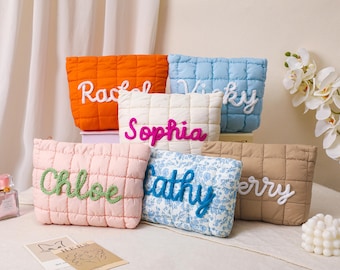 Personalized Quilted Nylon Makeup Bag, Custom Zipper Pouch, Travel Puffer Bag