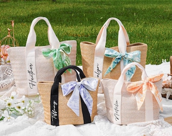Personalized Bridesmaid Bag, Custom Beach Straw Bag, Wedding Favors,Girls Travel Bag, Burlap Tote