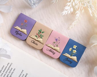 Custom Name Magnetic Bookmark, Personalized Leather Bookmark, Magnetic Bookmarks with Birth Flower, Book Lover Birthday Gift, Gift for Her