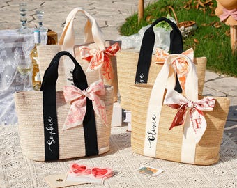 Personalized Straw Beach Bag, Custom Name Tote, Bridesmaid Gifts, Summer Vacation Burlap Bag
