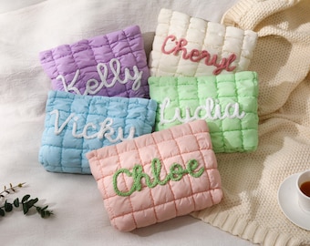 Personalized Quilted Nylon Makeup Bag,Custom Quilted Zipper Pouch,Bridesmaid Gift,Bachelorette Gift,Puffer Bag for Travel,Gift for Her