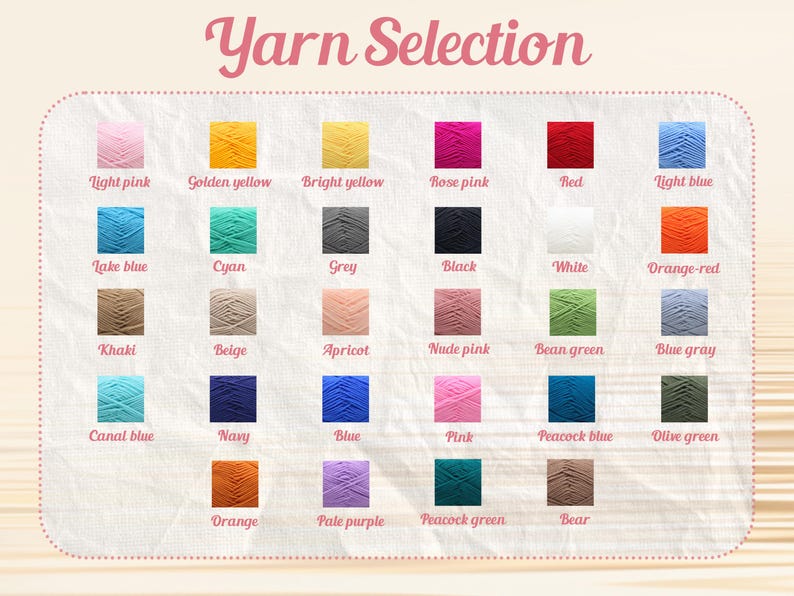 May include: A selection of yarn colors displayed on a cream-colored background. The image features a grid of yarn samples in various colors, including pink, yellow, blue, green, and brown. Each yarn color is labeled with its name, such as "Light pink" and "Golden yellow". The text "Yarn Selection" is at the top.