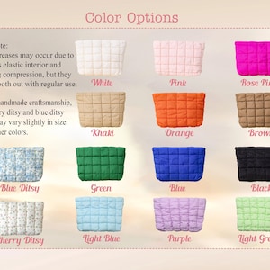 May include: A display of quilted fabric bags in various colors, including white, pink, rose pink, khaki, orange, brown, blue ditsy, green, blue, black, cherry ditsy, light blue, purple, and light green. The text "Color Options" is at the top.