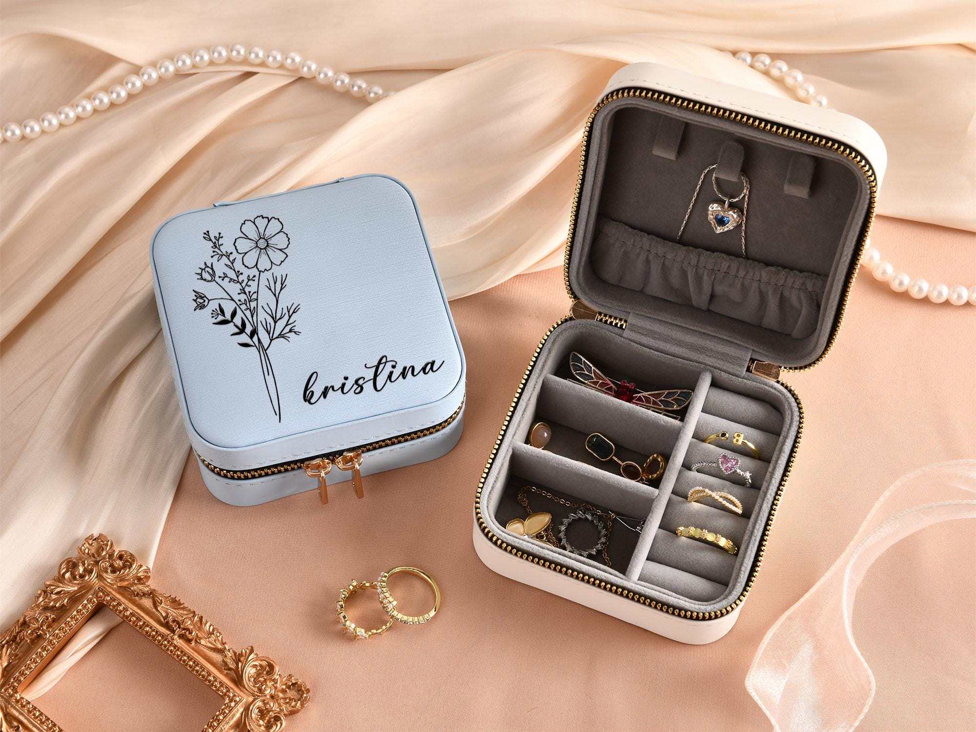 Custom Birth Flower Travel Jewelry Box, Personalized Jewelry Case, Bridesmaid Proposal Gifts, Birth Month Flower Gift, Gifts for Her