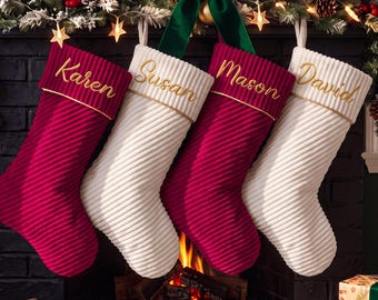 Personalized Corduroy Christmas Stocking, Embroidered Christmas Stocking, Custom Family Stocking, Holiday Decor