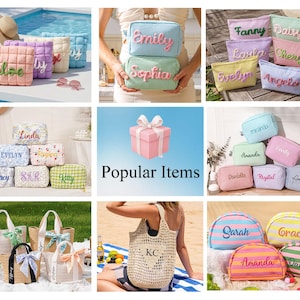 May include: A collection of personalized pouches and tote bags in various pastel colors and patterns. The items feature embroidered names such as Chloe, Emily, Sophia, Fanny, Daisy, Linda, and Sarah. Some bags are quilted, others are woven or striped.