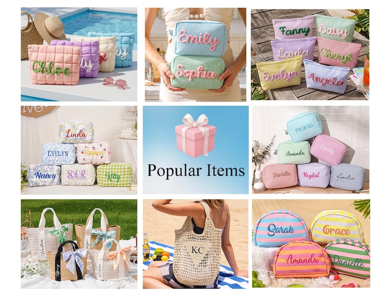May include: A collection of personalized pouches and tote bags in various pastel colors and patterns. The items feature embroidered names such as Chloe, Emily, Sophia, Fanny, Daisy, Linda, and Sarah. Some bags are quilted, others are woven or striped.