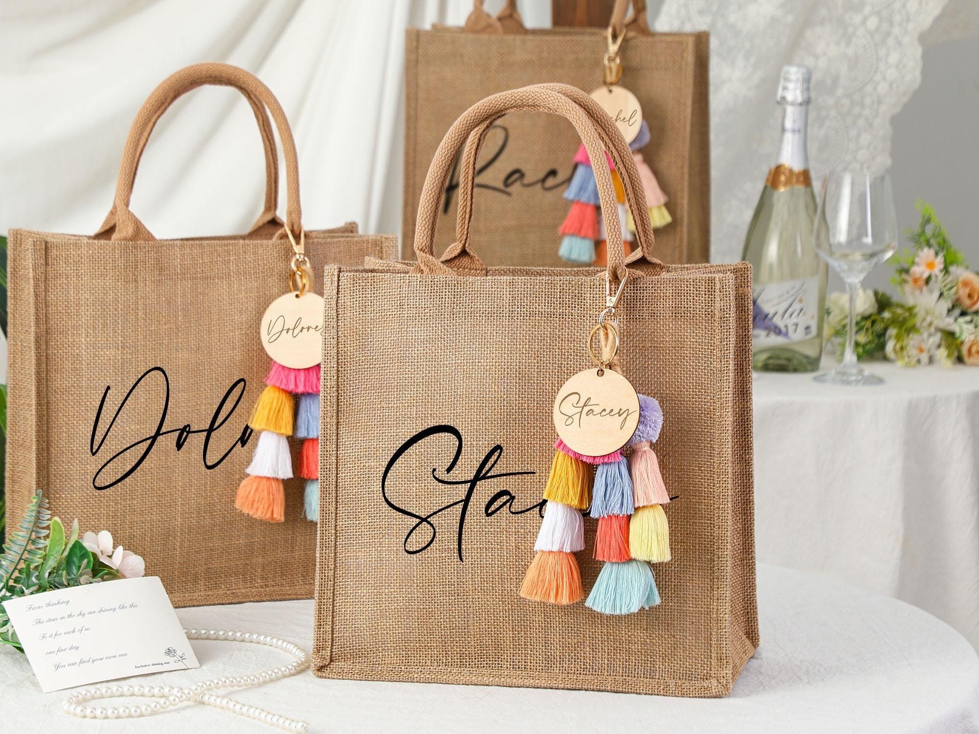 Personalized Bridesmaid Gift Bag With Charm, Custom Burlap Gift Bag ...