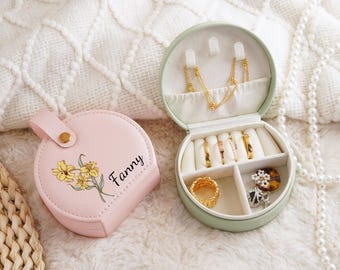 Custom Birth Flower Travel Jewelry Box, Personalized Bridal Jewelry Case, Bridesmaid Proposal Gifts, Birth Month Flower Gift, Gift for Hers