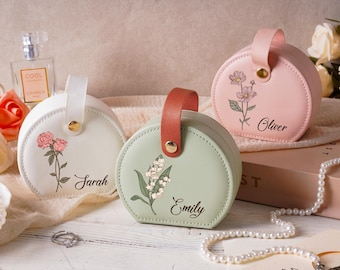 Personalized Birth Flower Jewelry Box, Custom Travel Jewelry Case with Name, Bridesmaid Proposal Gift, Jewelry Organizer for Women