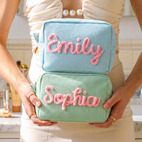 Personalized Seersucker Makeup Bag,Custom Name Toiletry Bag, Vacation Travel Pouch, Bridesmaid Gifts for Her
