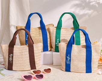 Sac de plage en paille personnalisé, proposition de demoiselle d'honneur, sacs EVJF, sac de douche nuptiale, proposition de demoiselle d'honneur, sac cadeau, sac fourre-tout en toile de jute