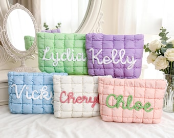 Personalized Quilted Nylon Makeup Bag,Custom Quilted Zipper Pouch,Bridesmaid Gift,Bachelorette Gift,Puffer Bag for Travel,Gift for Her