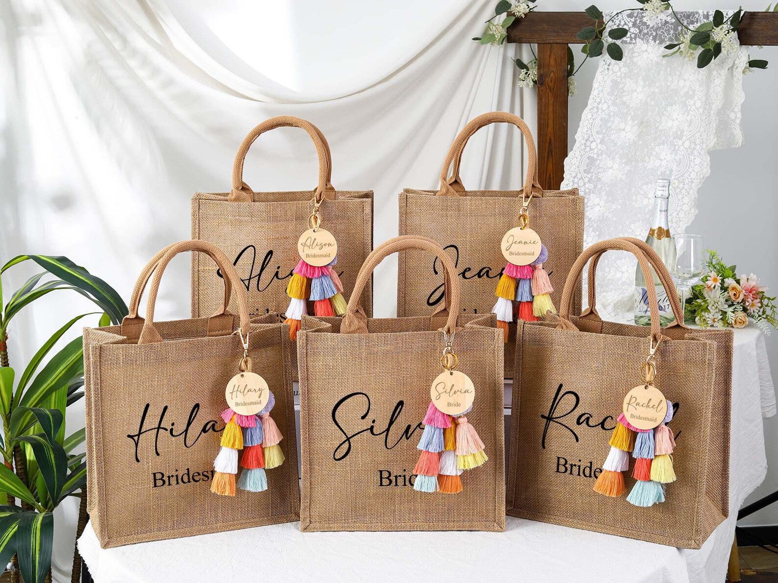 Personalized Bridesmaid Gift Bag With Charm, Custom Burlap Gift Bag ...