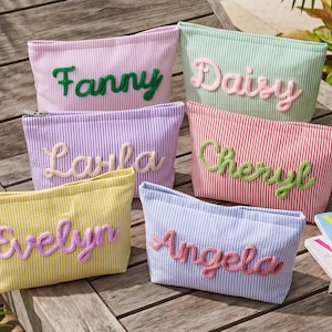 Personalized Seersucker Makeup Bag,Custom Name Toiletry Bag, Vacation Travel Pouch, Bridesmaid Gifts for Her image 16
