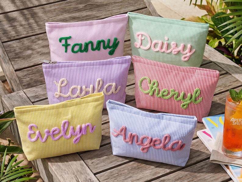 Personalized Seersucker Makeup Bag,Custom Name Toiletry Bag, Vacation Travel Pouch, Bridesmaid Gifts for Her image 16
