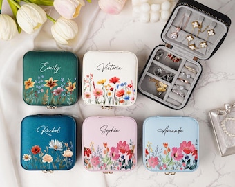 Personalized Birth Flower Jewelry Box, Bridesmaid Travel Case, Custom Leather Jewelry Case, Bridesmaid Proposal Gifts, Gifts for Her