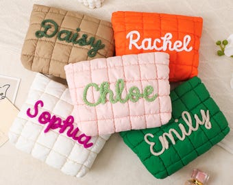 Personalized Quilted Nylon Makeup Bag,Custom Quilted Zipper Pouch,Bridesmaid Gift,Bachelorette Gift,Puffer Bag for Travel,Gift for Her
