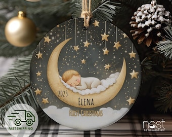 Baby's First Christmas Ornament 2025 | Custom Moon & Stars | Personalized Grandparent Gift for New Arrival