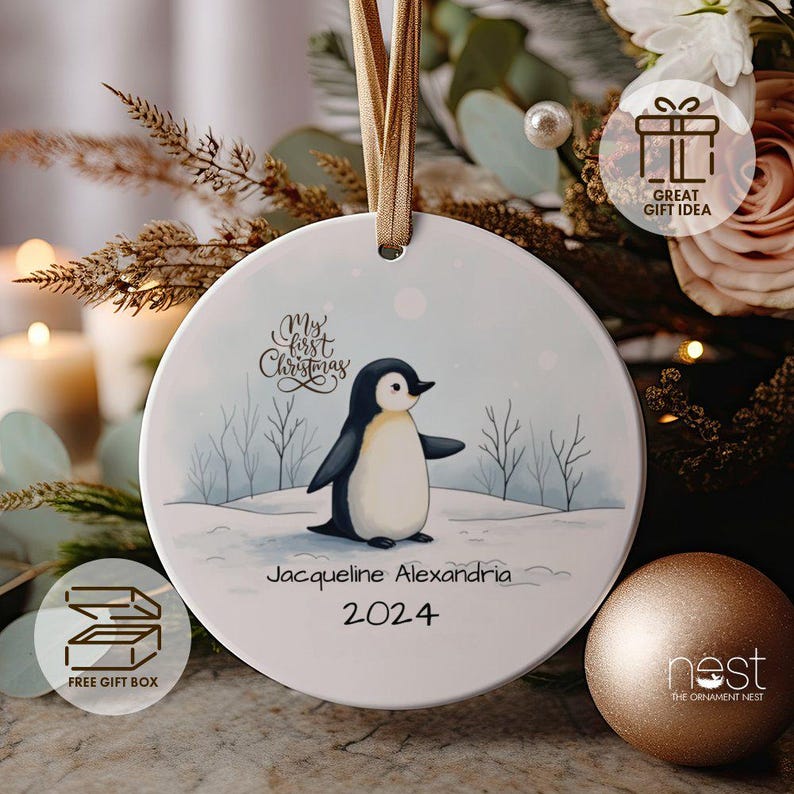 Personalized Penguin Ornament, Custom Baby's First Christmas Decoration