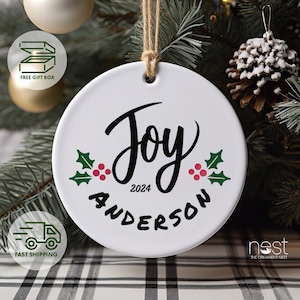 Joy Christmas Ornament, Personalized Holiday Decoration, Custom Family Name Christmas Gift, Festive Tree Decor 2024