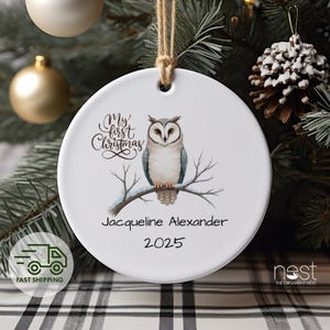 Baby’s First Christmas Owl Ornament, Personalized Name and Year, Custom 3" Ceramic Keepsake, Newborn Gift 2025