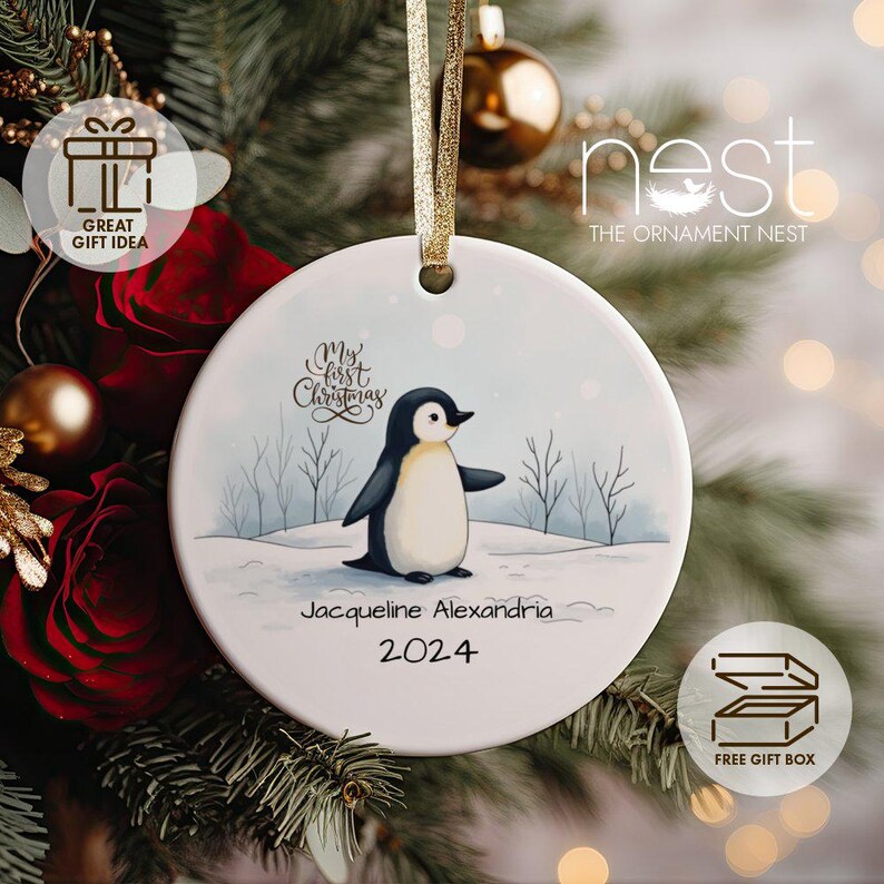 Personalized Penguin Ornament, Custom Baby's First Christmas Decoration