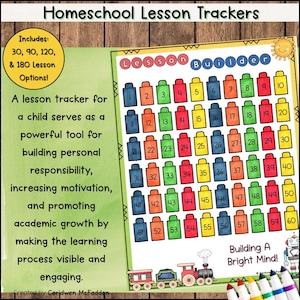 以下が含まれることがあります： カラフルな番号付きボックスを備えた、ホームスクールレッスン追跡ツール。 30、90、120、180レッスンのオプションがあります。 ページには「Lesson Builder」と「Building a Bright Mind！」と書かれています。