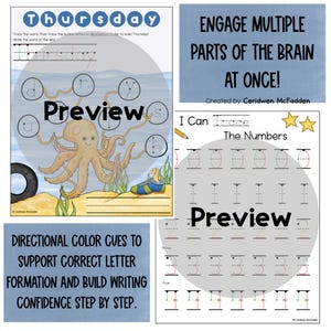 May include: Educational worksheets with the words "Thursday" and "Preview" printed on them. One worksheet features an octopus and a seahorse. Another worksheet has the text "I Can Trace The Numbers". The text "Engage Multiple Parts of the Brain at Once!" is also visible.