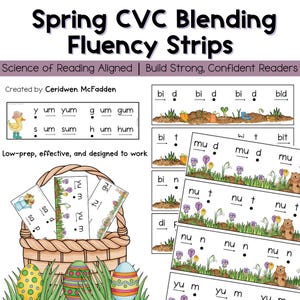 Puede incluir: Tiras de fluidez de mezcla CVC con temática primaveral con texto: "Spring CVC Blending Fluency Strips". La imagen incluye una cesta con tarjetas, huevos de Pascua e ilustraciones de elementos primaverales.