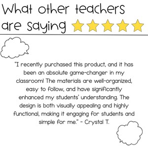 May include: White background with the text "What other teachers are saying" above five yellow stars. A customer review is included, praising the product's organization and ease of use in the classroom.