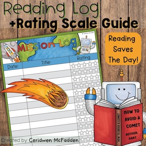 May include: A printed reading log and rating scale guide featuring a space theme with a rocket, a comet, and a robot reading a book titled How to Avoid a Comet. The document includes columns for date, title, and a star-based rating system.