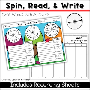 May include: A colorful educational game titled "Spin, Read, & Write" for CVCe words. The game includes a spinner, a game board with word wheels, and recording sheets. The game board features the text "Spin, Write, and Read".