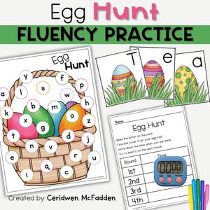 Könnte beinhalten: Pädagogisches Oster-Aktivitätsset mit dem Text "Egg Hunt Fluency Practice". Enthält einen Korb mit Buchstaben, dekorierte Eier, Karteikarten, einen Timer und ein Arbeitsblatt zum Üben von Lesen und Zeitmanagement.