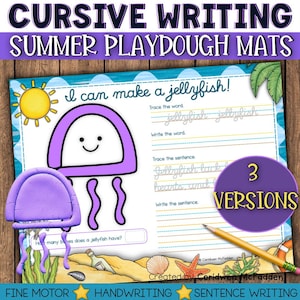 May include: A colorful educational worksheet for cursive writing practice. The worksheet features a purple jellyfish illustration, the text "I can make a jellyfish!", and the words "jellyfish" and "jellyfish luck hearts, amit" to trace. The worksheet also includes the text "3 VERSIONS".