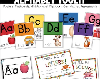 Atividades com letras e sons do alfabeto para pré-escola e jardim de infância – pôsteres, flashcards, avaliações, certificados e materiais para impressão
