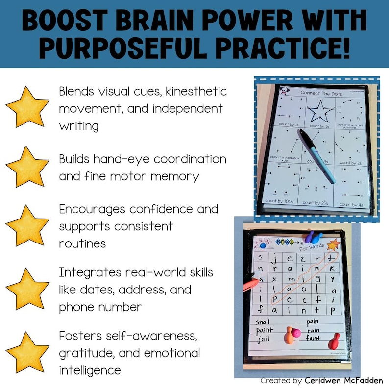 May include: Educational activity boards with the text "BOOST BRAIN POWER WITH PURPOSEFUL PRACTICE!". One board has a star connect-the-dots game, and the other has a word search puzzle. The boards are designed to build hand-eye coordination and fine motor skills.