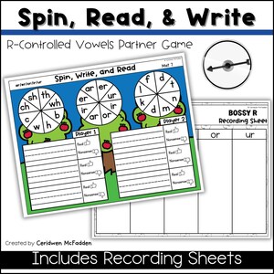 May include: A colorful educational game titled "Spin, Read, & Write" for R-controlled vowels. The game includes a spinner, game boards with word wheels, and recording sheets. The text on the game board reads "Spin, Write, and Read".