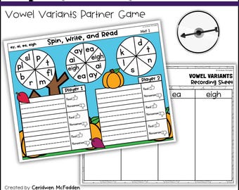 Vowel Team Spin & Write Mats | ai, ay, ee, ea, oa, ow, oi, oy, au, aw | Phonics Activities | Homeschool Phonics Games