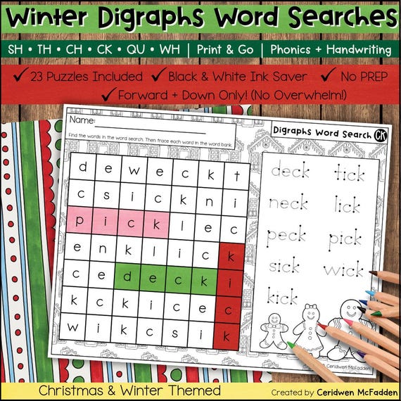 Christmas & Winter Digraph Word Searches | sh th ch ck qu wh Worksheets | No-Prep Phonics, Handwriting, Spelling Activities | K-2