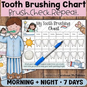 May include: A printable tooth brushing chart featuring a grid for seven days, illustrations of a sun, moon, tooth fairy, and a mouse. The chart includes the text My Tooth Brushing Chart, Brush.Check.Repeat., and a blue marker pen is placed on top.