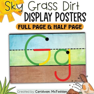 Op de afbeelding: Educatieve displayposter met de letter G in hoofdletters en kleine letters. De achtergrond is verdeeld in secties met blauwe lucht, groen gras en bruine aarde. De letters zijn gevormd met groene, rode en gele segmenten.