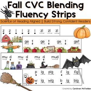 May include: Educational autumn-themed fluency strips with CVC blending exercises. The image includes illustrations of pumpkins, apples, a scarecrow, and Halloween-themed objects. Text reads "Fall CVC Blending Fluency Strips".