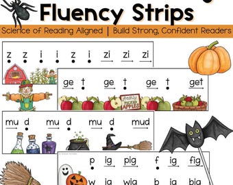 May include: Educational fall-themed fluency strips with CVC blending exercises. The image includes illustrations of pumpkins, apples, a scarecrow, and Halloween-themed objects. Text reads "Fall CVC Blending Fluency Strips".